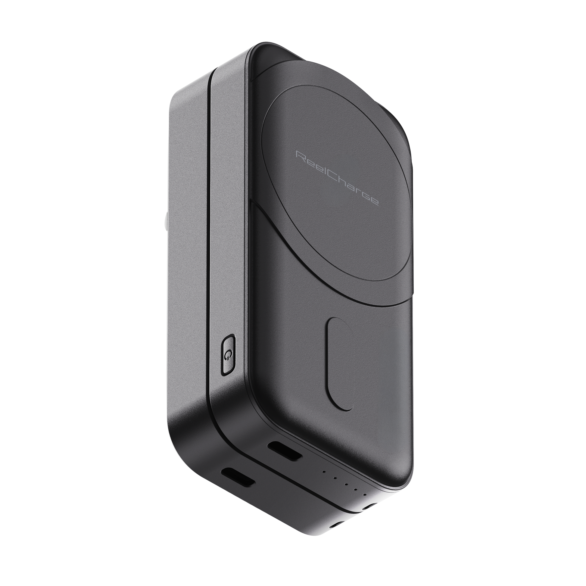 Angled view of the black Fusion 2-in-1 set showing the magnetic charging pad and USB-C ports