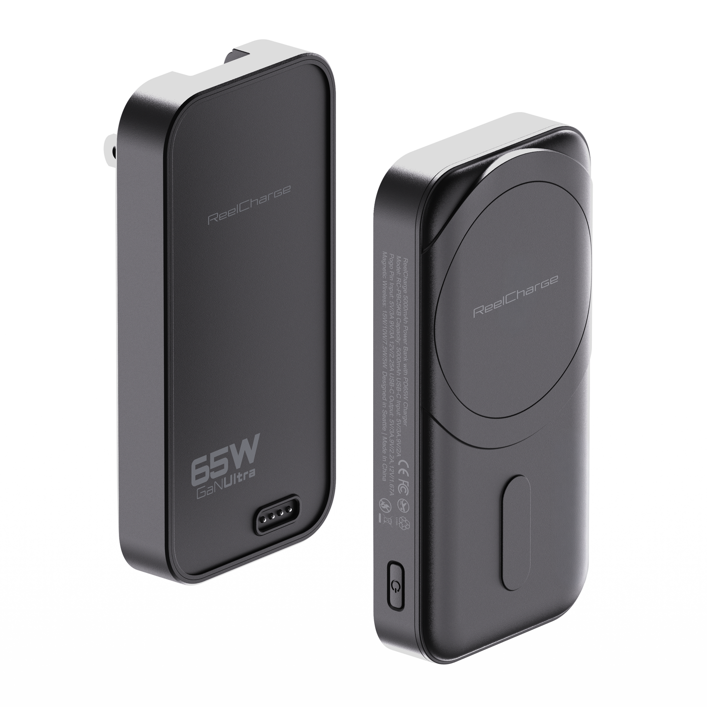 ReelCharge Power Bank Fusion in black showing the 65W wall charger and 5,000 mAh magnetic power bank side by side