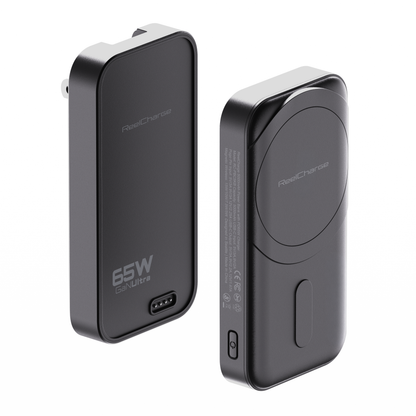 ReelCharge Power Bank Fusion in black showing the 65W wall charger and 5,000 mAh magnetic power bank side by side