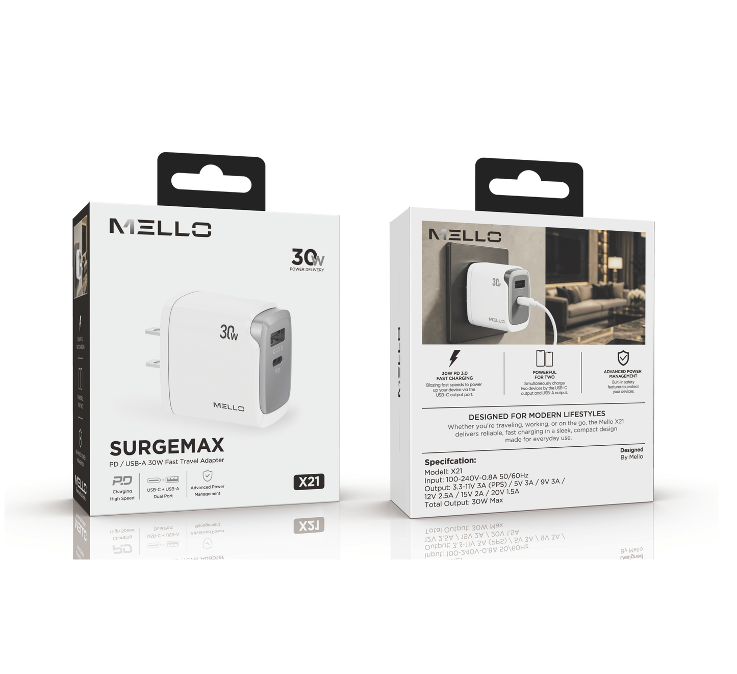Mello SurgeMax X21 30W Wall Charger – USB-C + USB-A Travel Charger