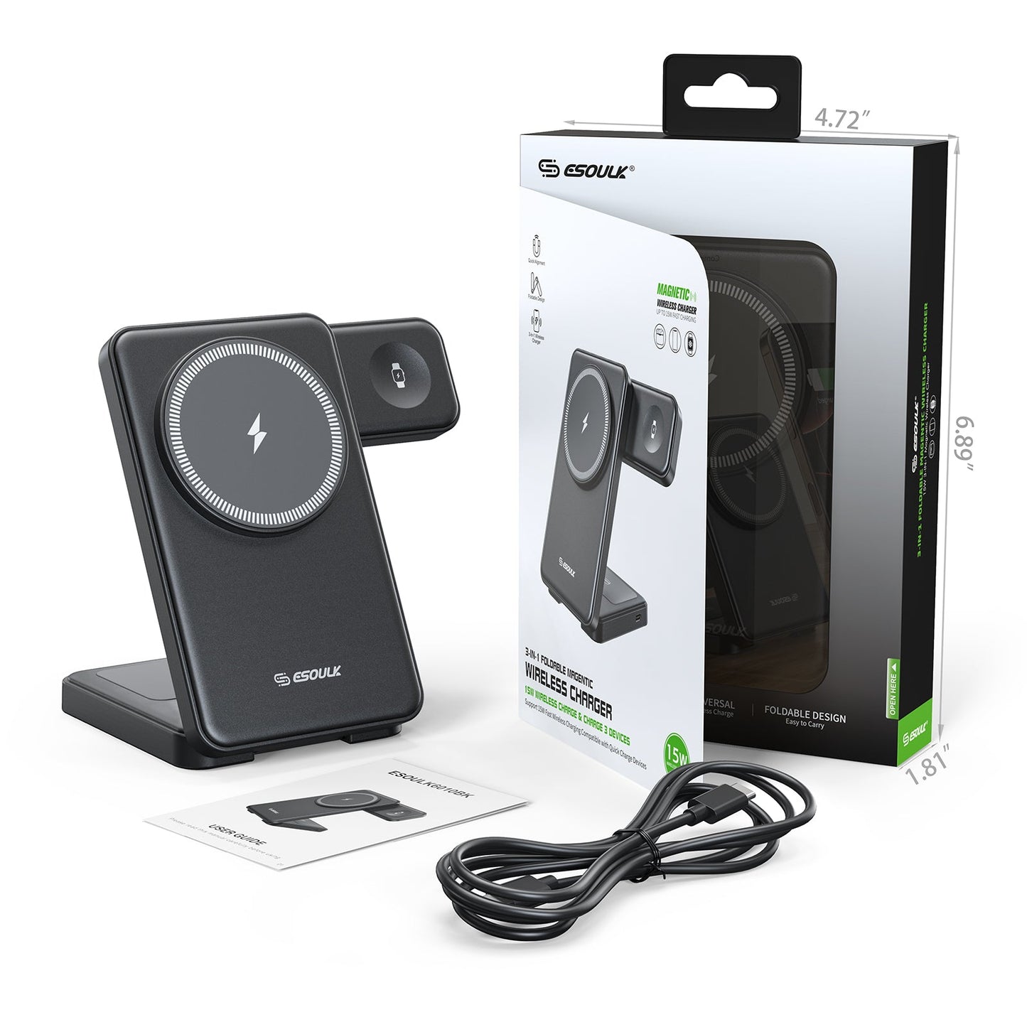 ESOULK 3-in-1 foldable magnetic wireless charging station – in-use view