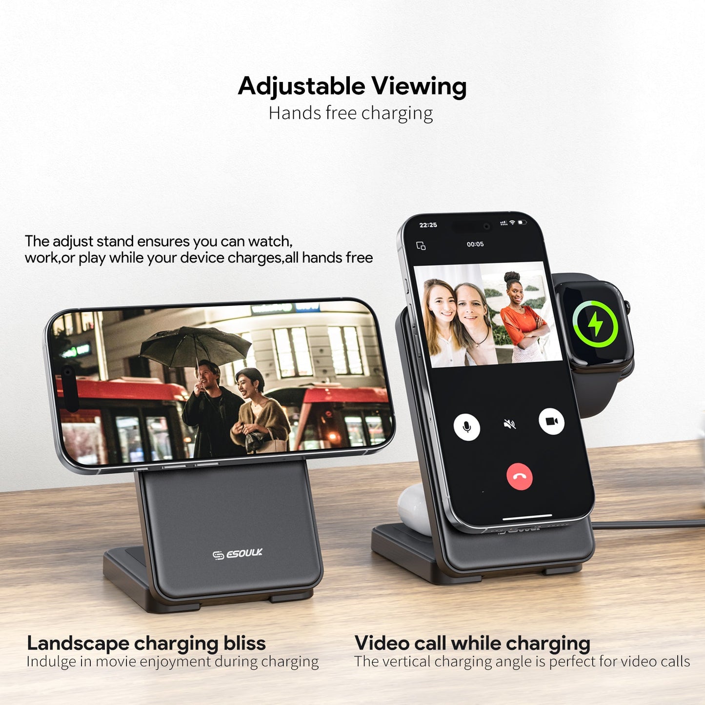 ESOULK 3-in-1 foldable magnetic wireless charging station – close-up