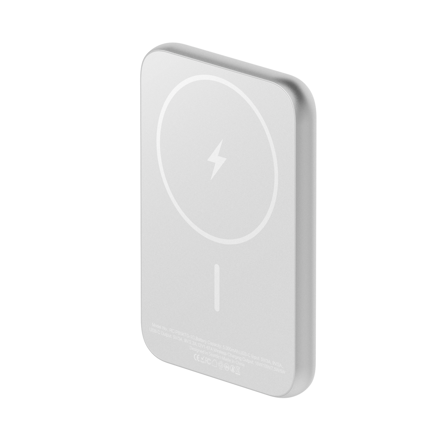 ReelSafe premium 5,000 mAh wireless power bank in silver with the magnetic charging ring