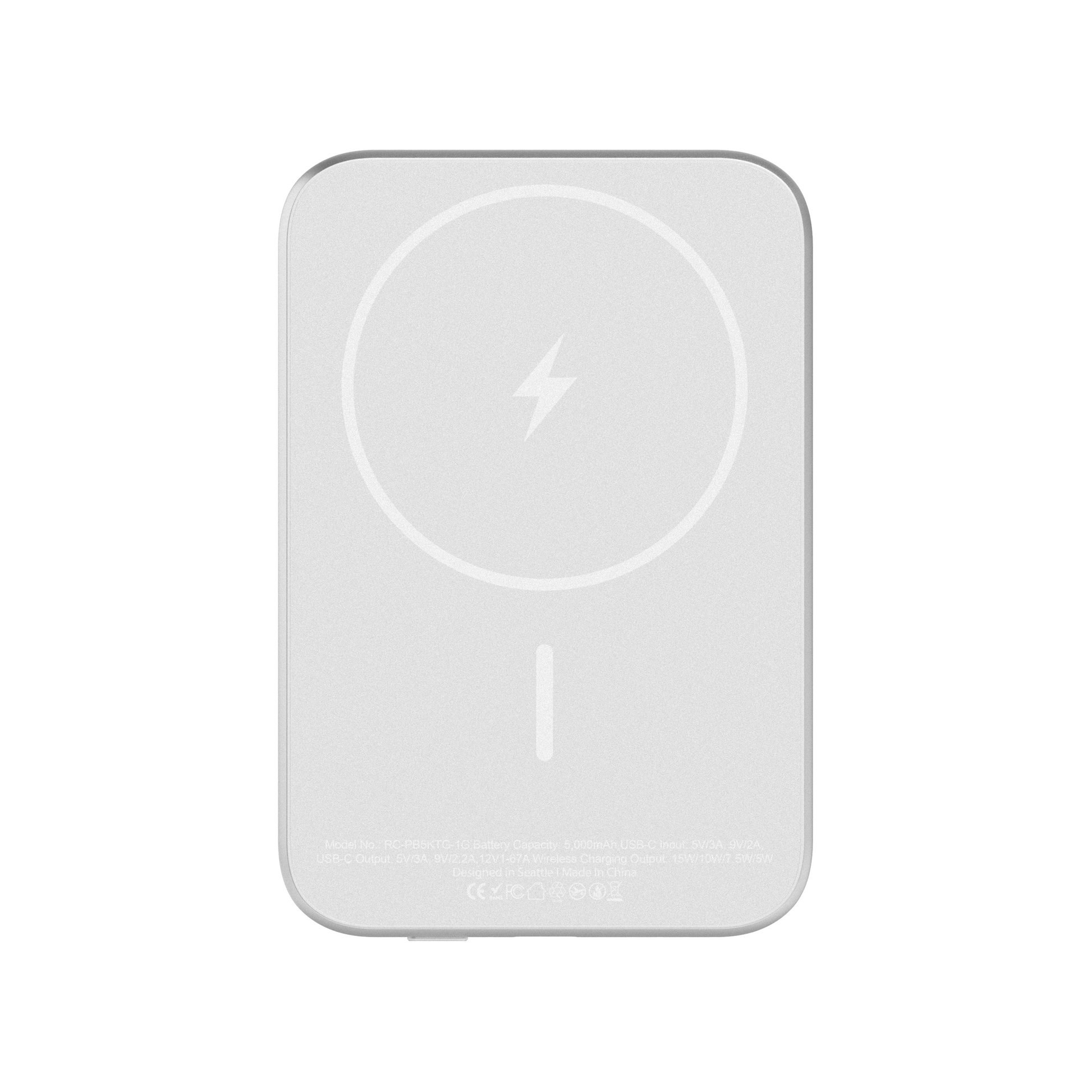 Straight-on view of the Silver ReelSafe 5,000 mAh tempered glass power bank