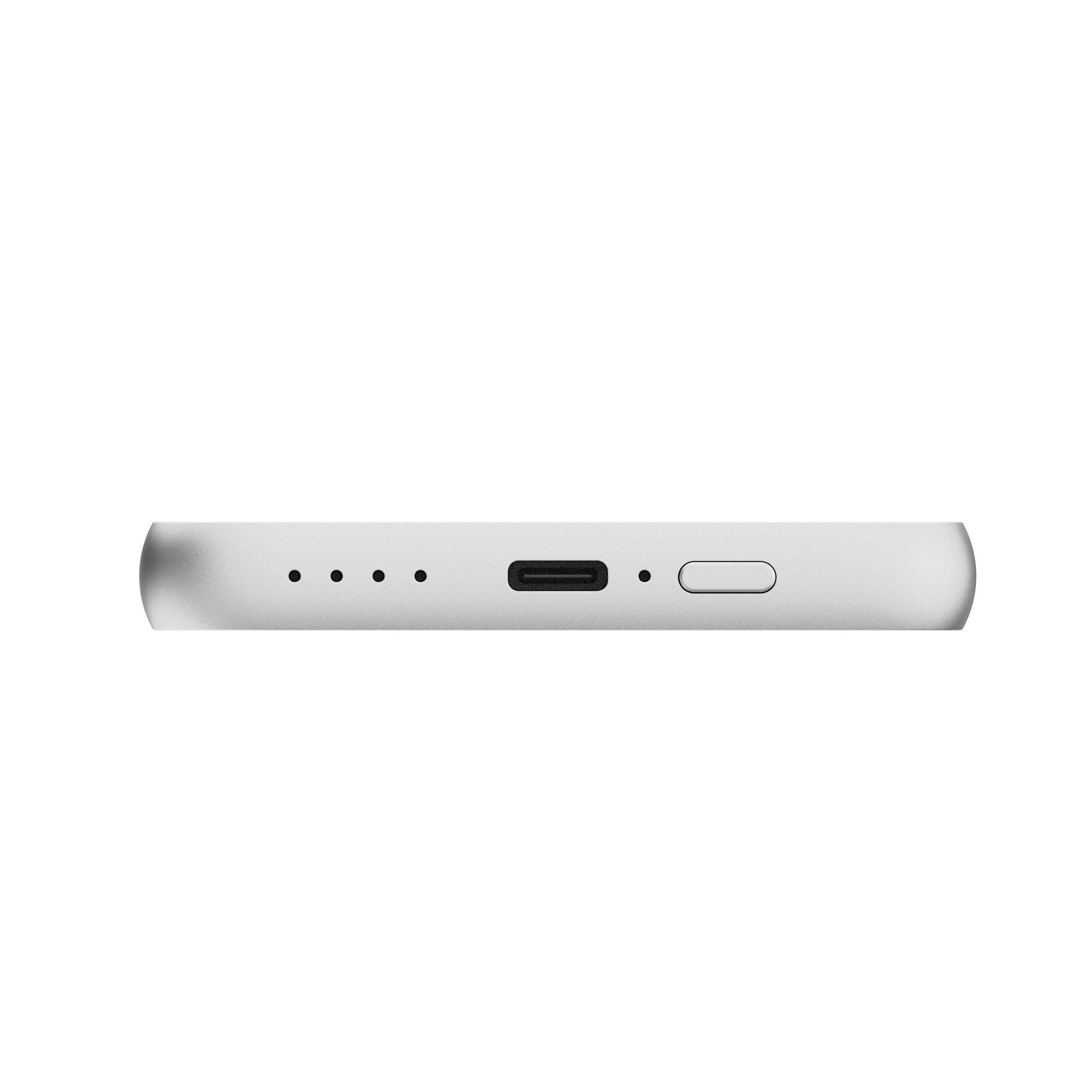 Edge view of the Silver ReelSafe power bank showing the USB-C port and power button