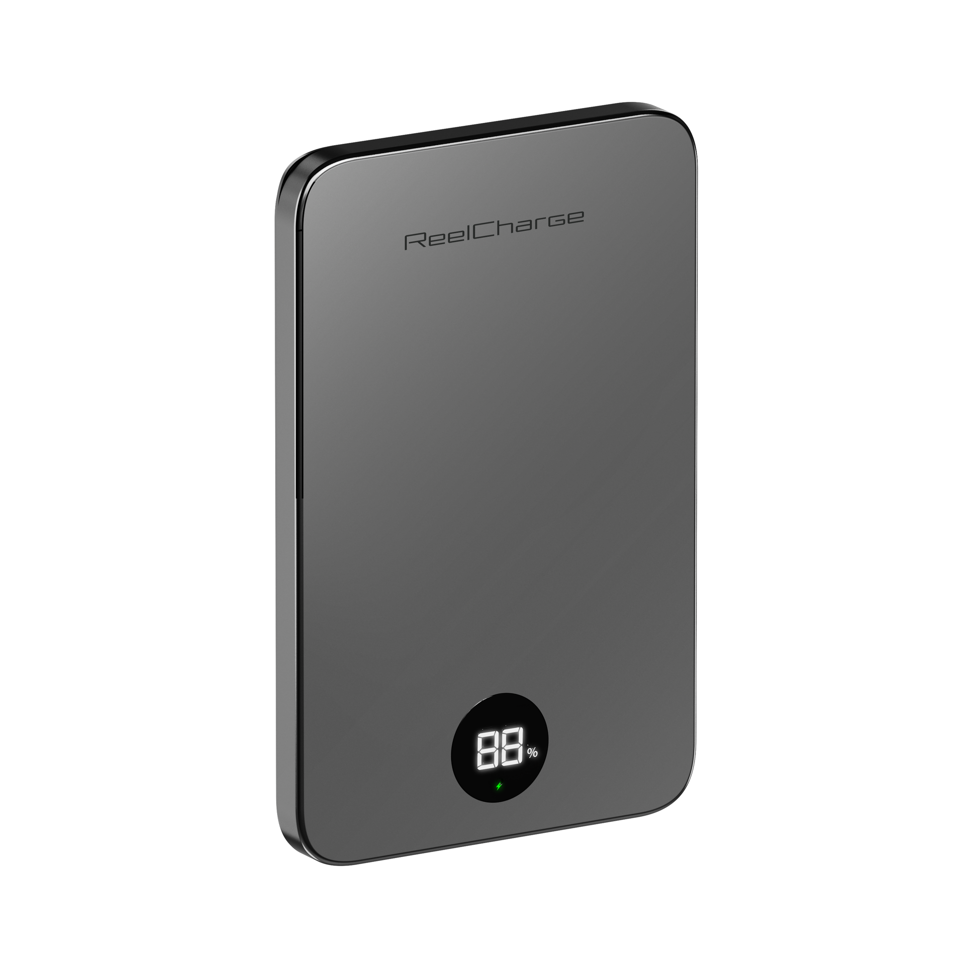 Angled front view of the gray ReelSafe 5,000 mAh aluminum power bank