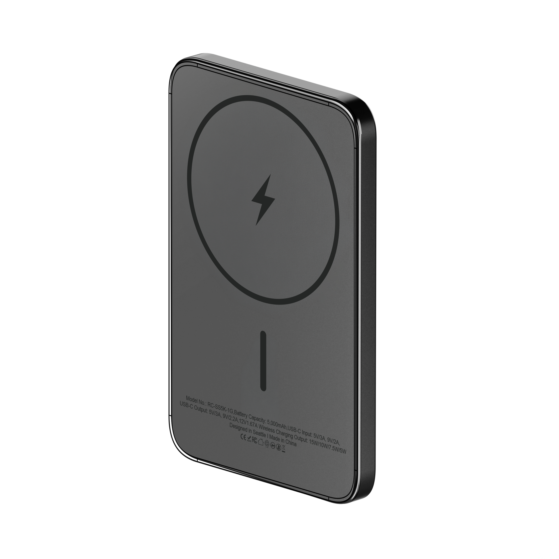 Rear view of the gray ReelSafe 5,000 mAh power bank showing the magnetic charging ring