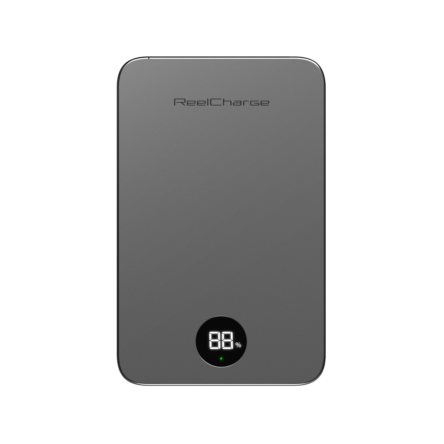 Straight-on view of the gray ReelSafe 5,000 mAh power bank and its LED display