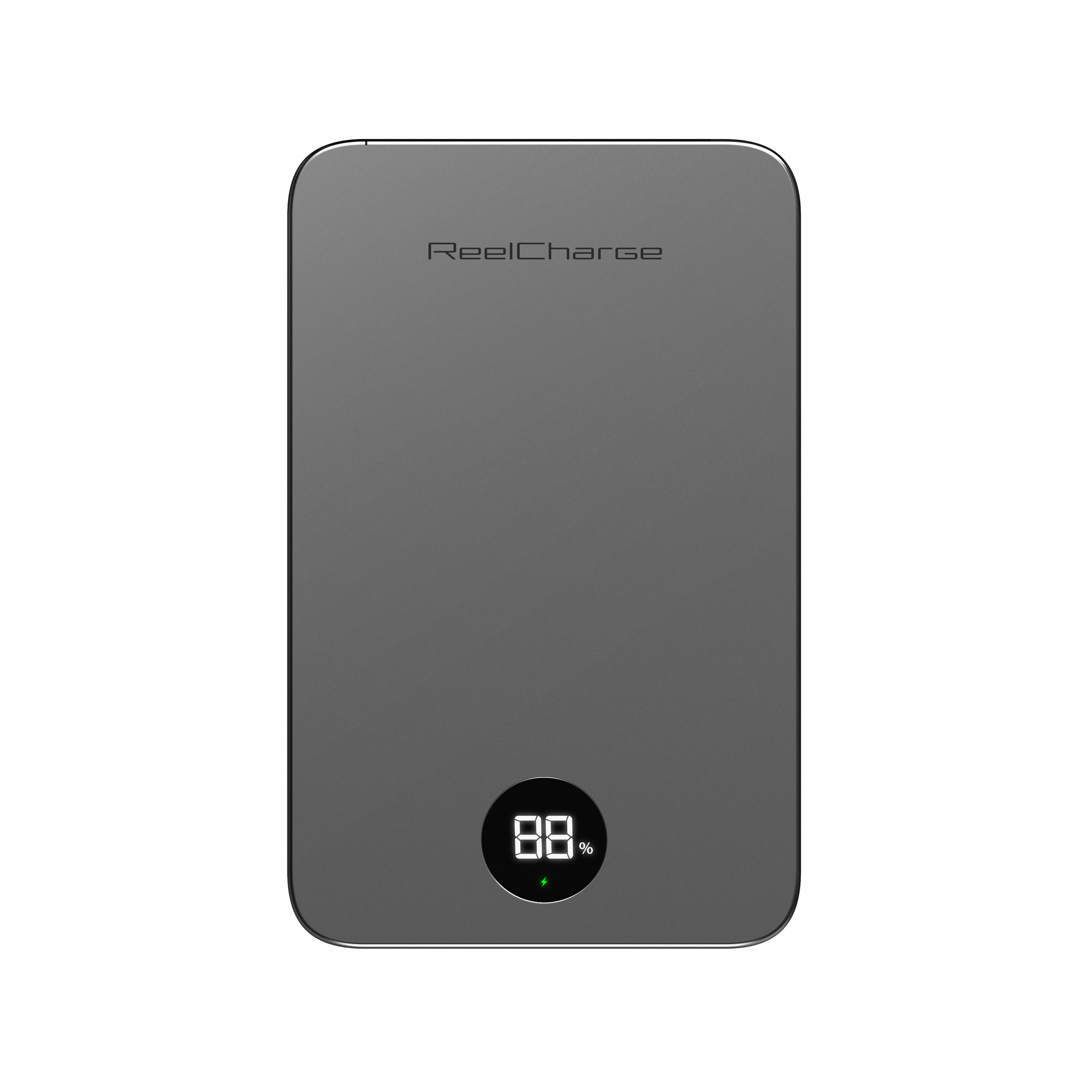 Straight-on view of the gray ReelSafe 5,000 mAh power bank and its LED display