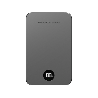Straight-on view of the gray ReelSafe 5,000 mAh power bank and its LED display