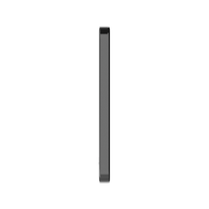 Thin side profile of the gray ReelSafe 5,000 mAh aluminum power bank
