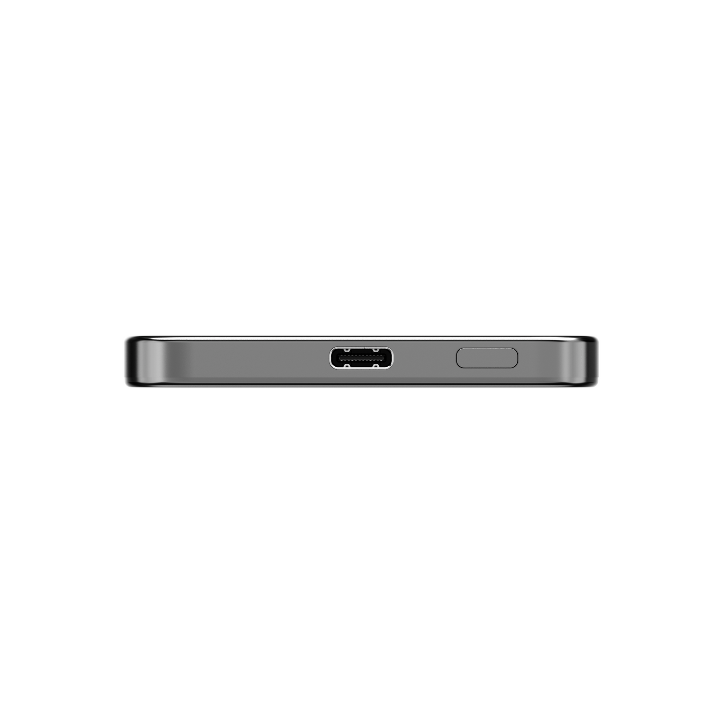 Edge view of the gray ReelSafe power bank showing the USB-C port and power button