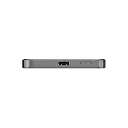 Edge view of the gray ReelSafe power bank showing the USB-C port and power button