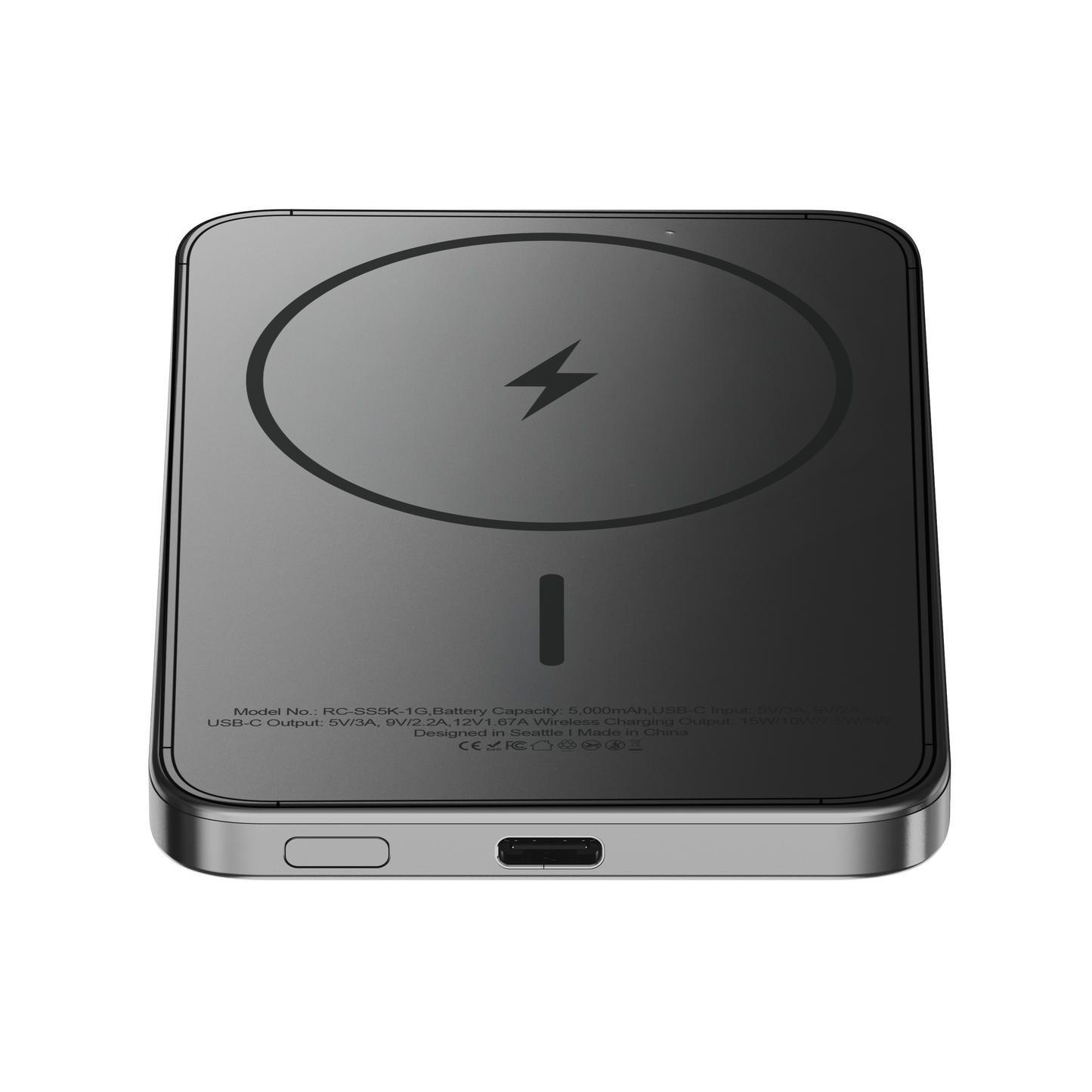 ReelCharge ReelSafe 5,000 mAh solid state wireless power bank in Gray aluminum with the magnetic ring