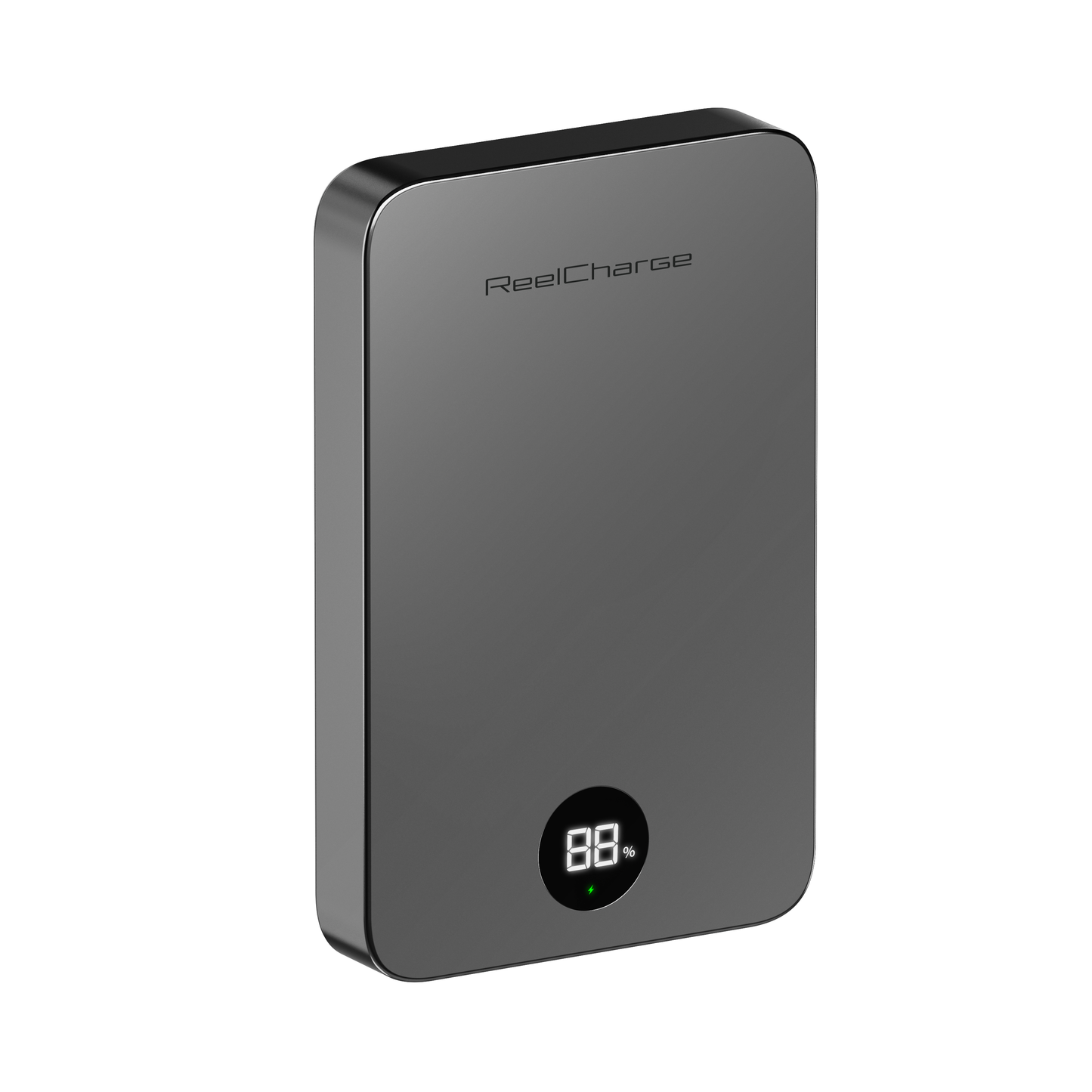 Front view of the gray ReelSafe 10,000 mAh power bank with the LED battery display lit