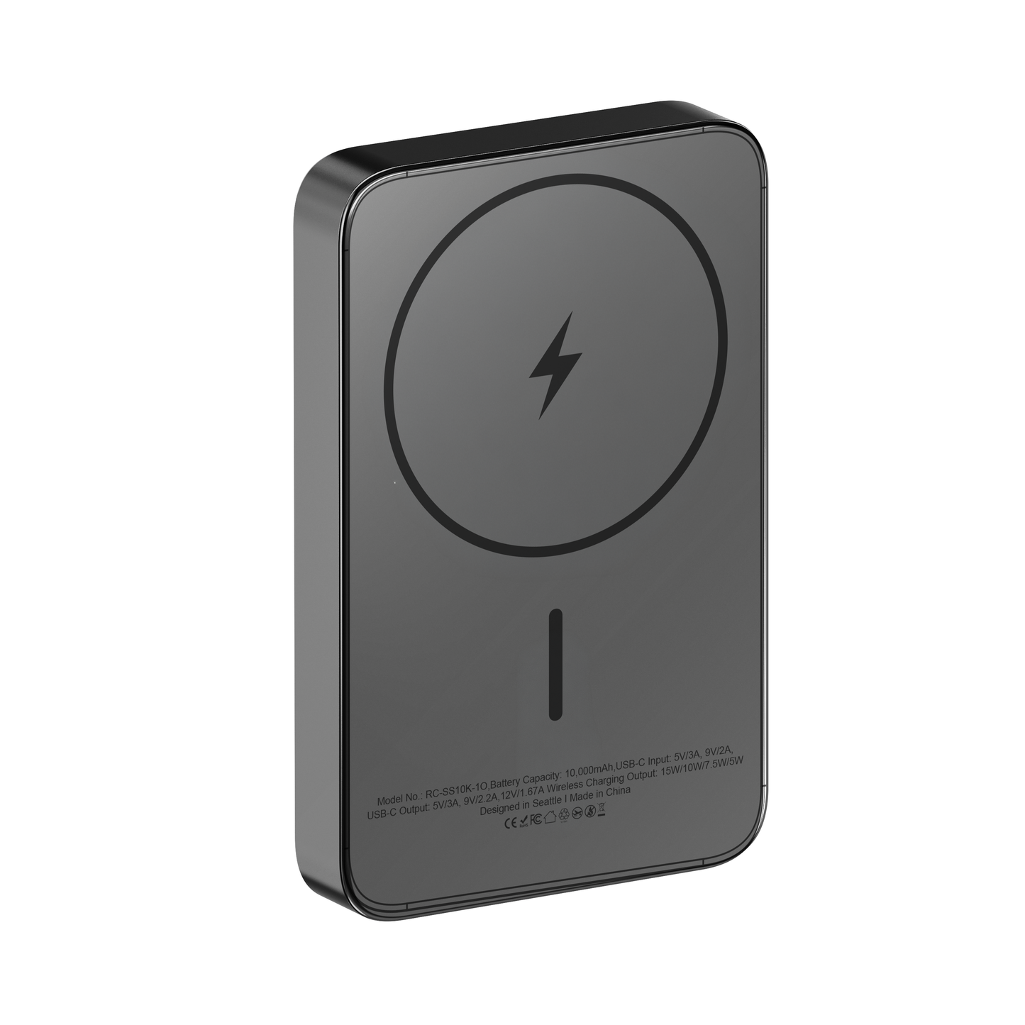 Angled view of the gray ReelSafe 10,000 mAh aluminum power bank showing the magnetic charging ring