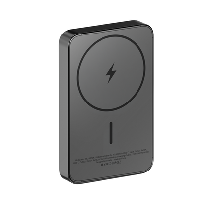 Angled view of the gray ReelSafe 10,000 mAh aluminum power bank showing the magnetic charging ring