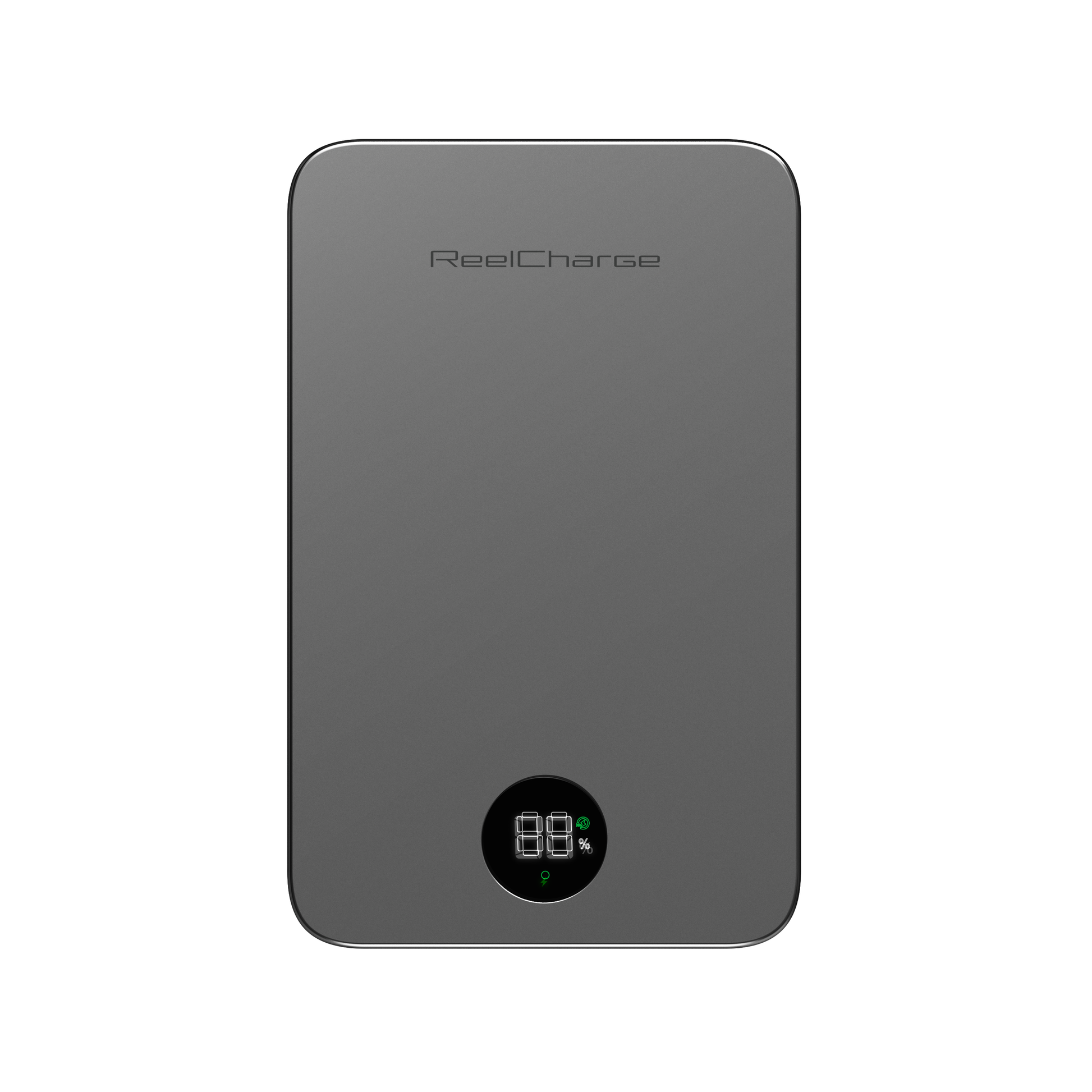 Straight-on view of the gray ReelSafe 10,000 mAh wireless power bank and its LED display