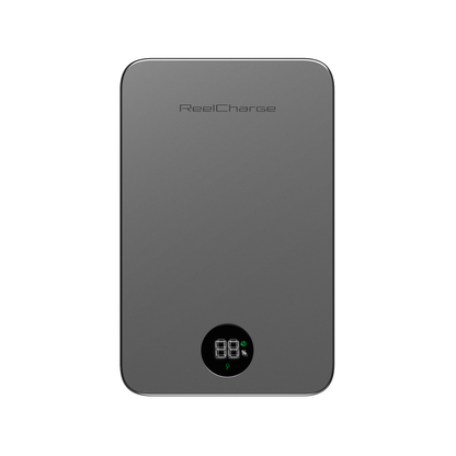 Straight-on view of the gray ReelSafe 10,000 mAh wireless power bank and its LED display