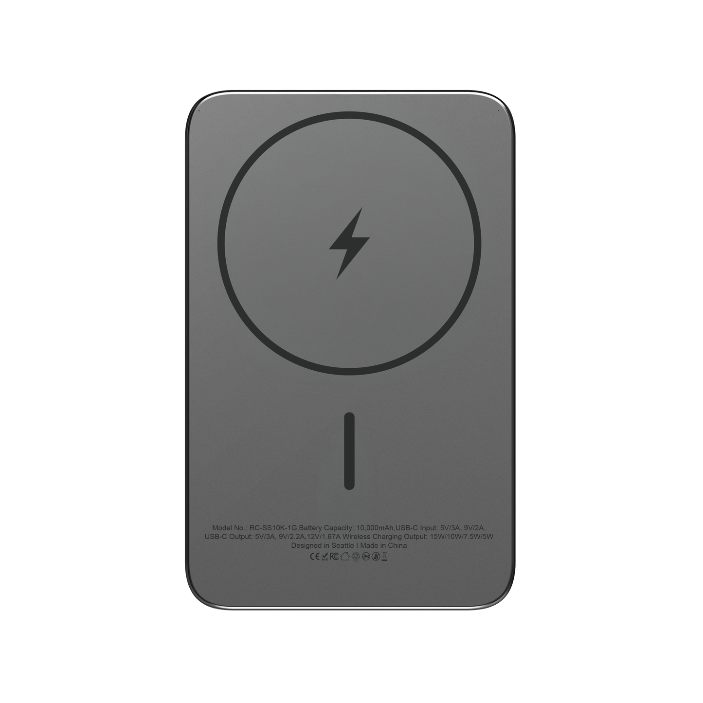 Rear view of the gray ReelSafe 10,000 mAh power bank showing the magnetic ring and specification label