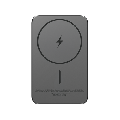 Rear view of the gray ReelSafe 10,000 mAh power bank showing the magnetic ring and specification label