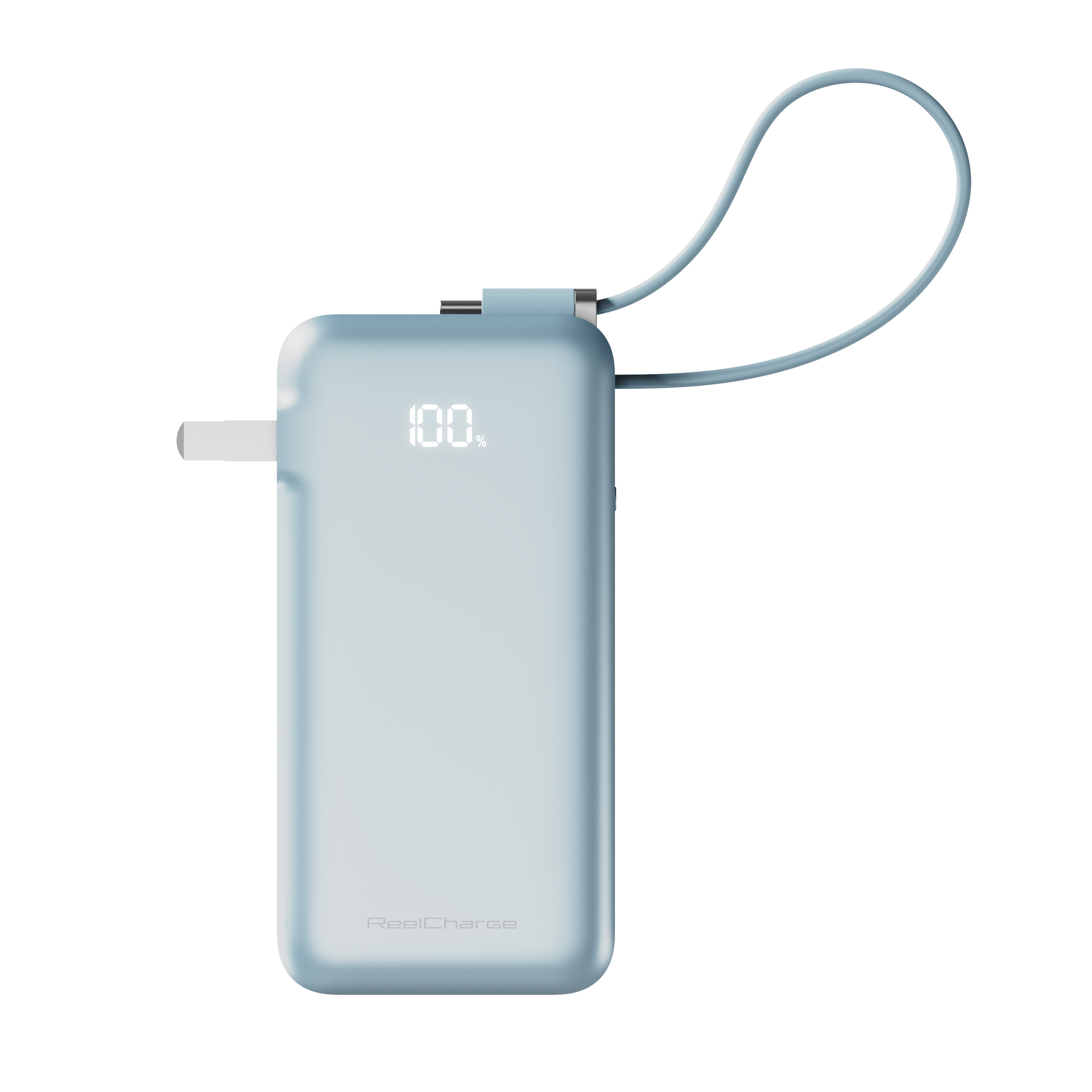 Front view of the light blue Flex 45W power bank with LED battery display and coiled wristlet cable