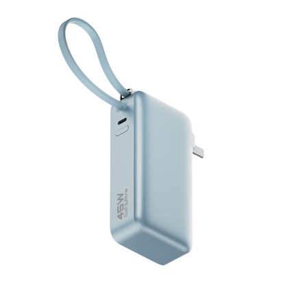 Side profile of the light blue Flex power bank with wall prongs extended