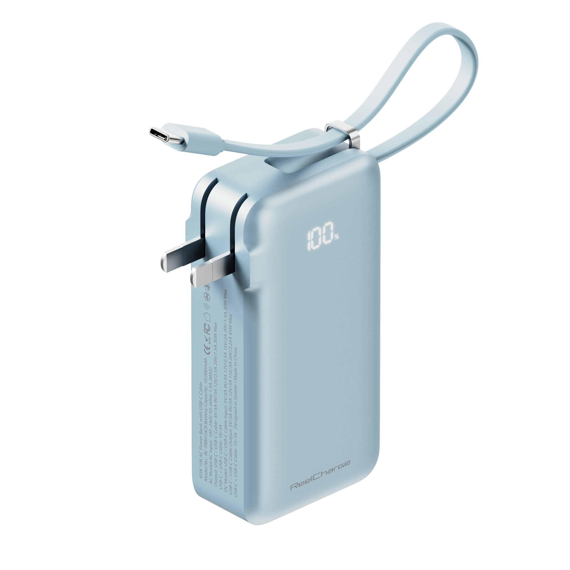 Angled view of the light blue Flex 10,000 mAh power bank showing folding wall prongs and USB-C wristlet cable