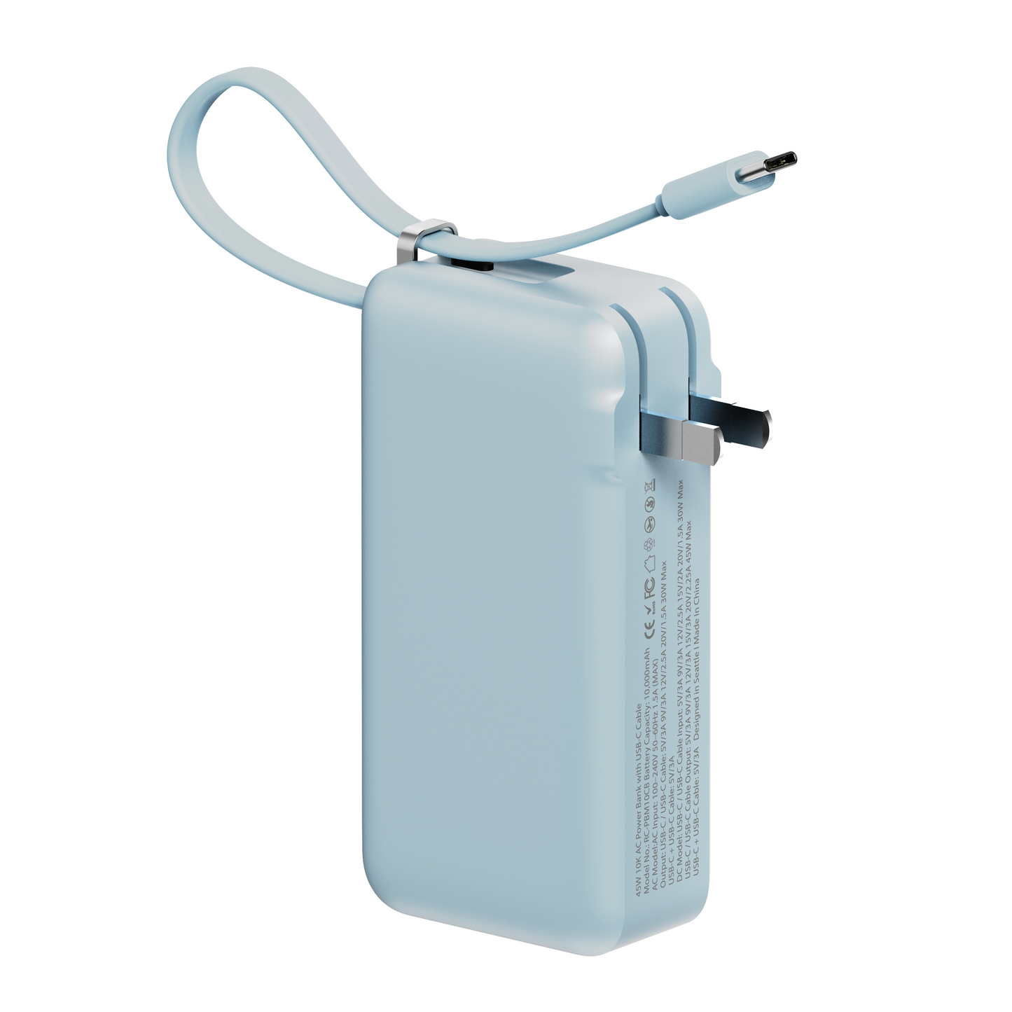 Rear angle of the light blue Flex 45W power bank with the integrated cable looped overhead