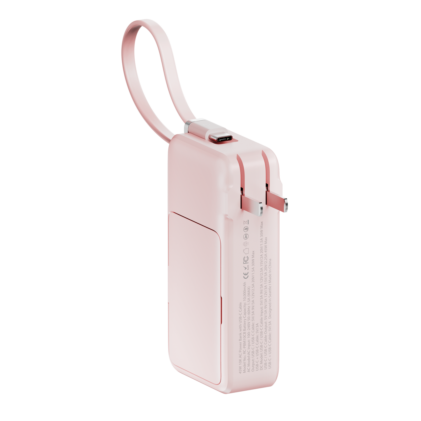 Side view of the pink ReFlextion 10,000 mAh power bank with its USB-C wristlet cable looped above the body