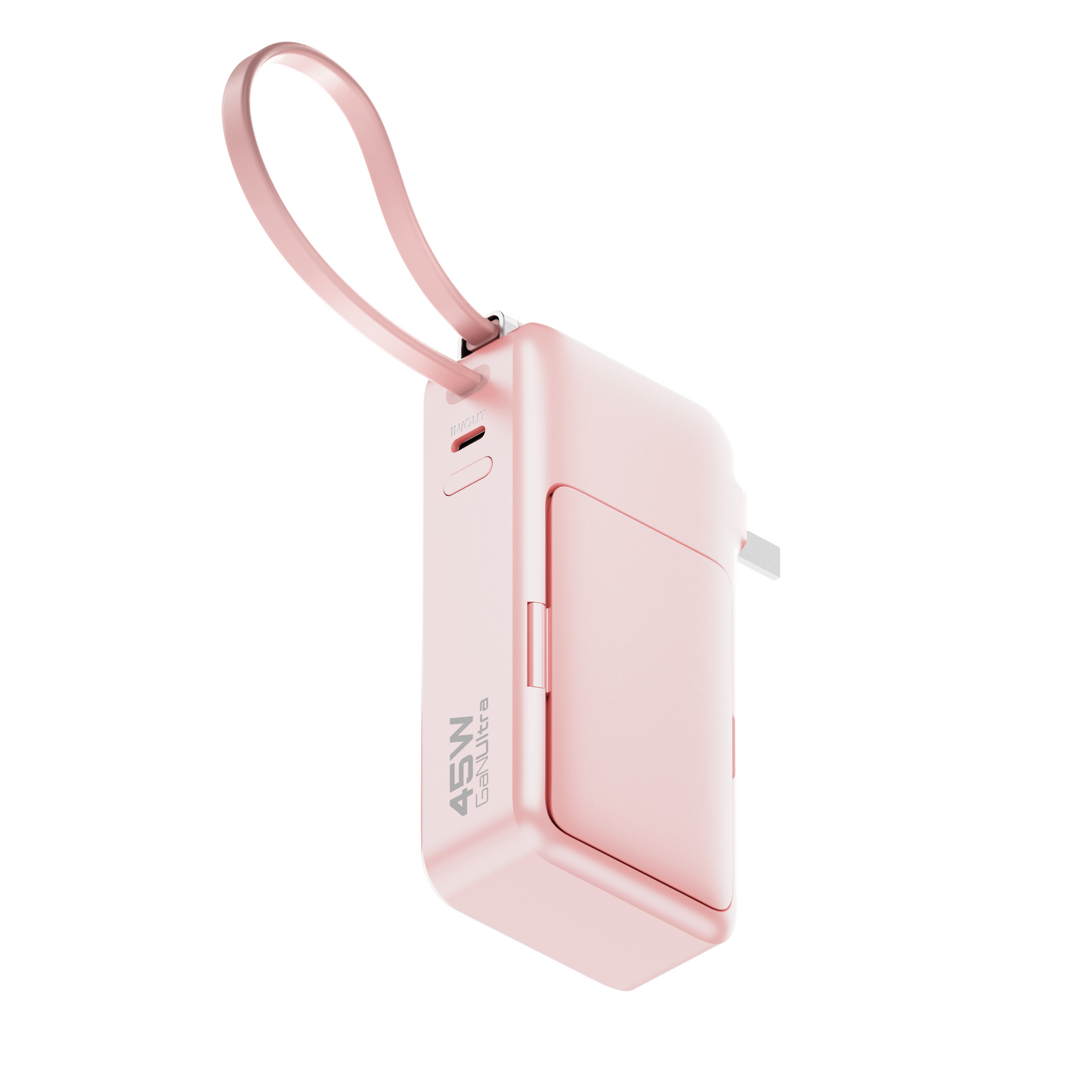 Angled view of the pink ReFlextion 45W power bank showing the slim profile and attached wristlet cable