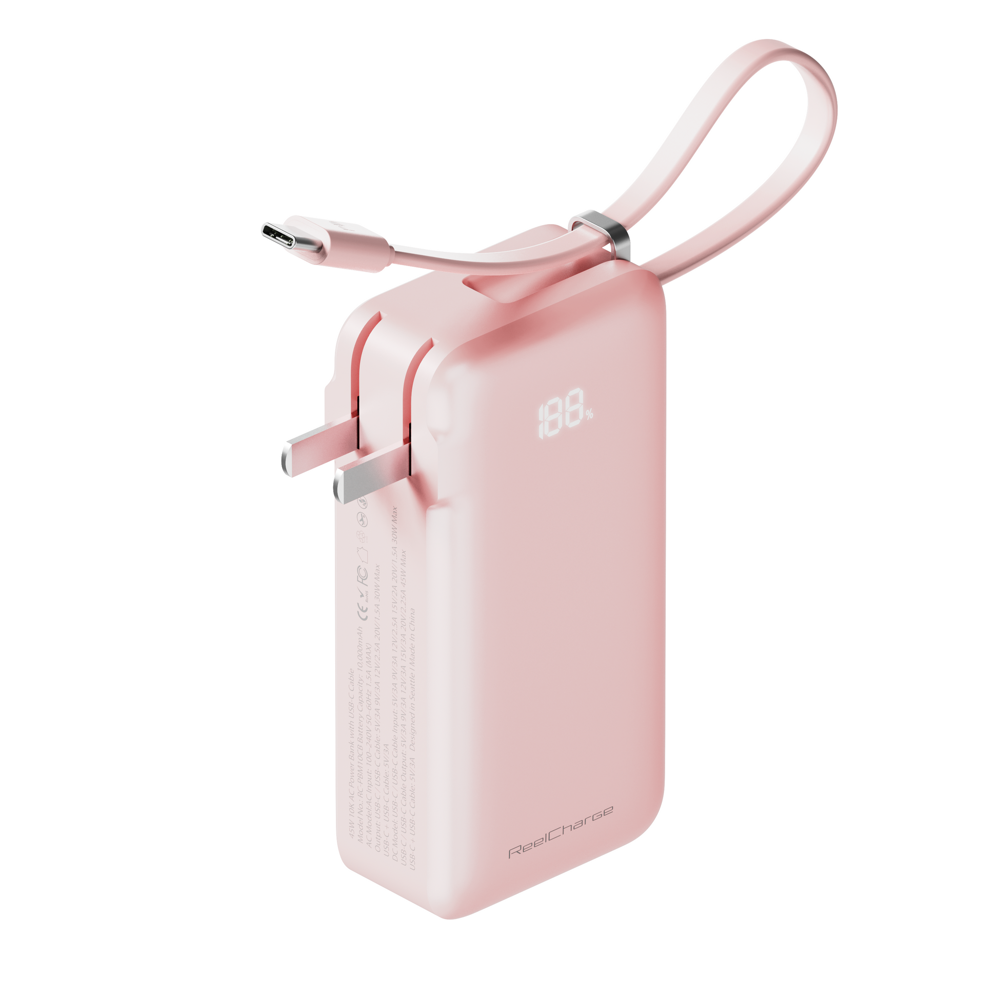 Pink ReFlextion power bank with the USB-C cable pulled out and the LED display showing battery percentage