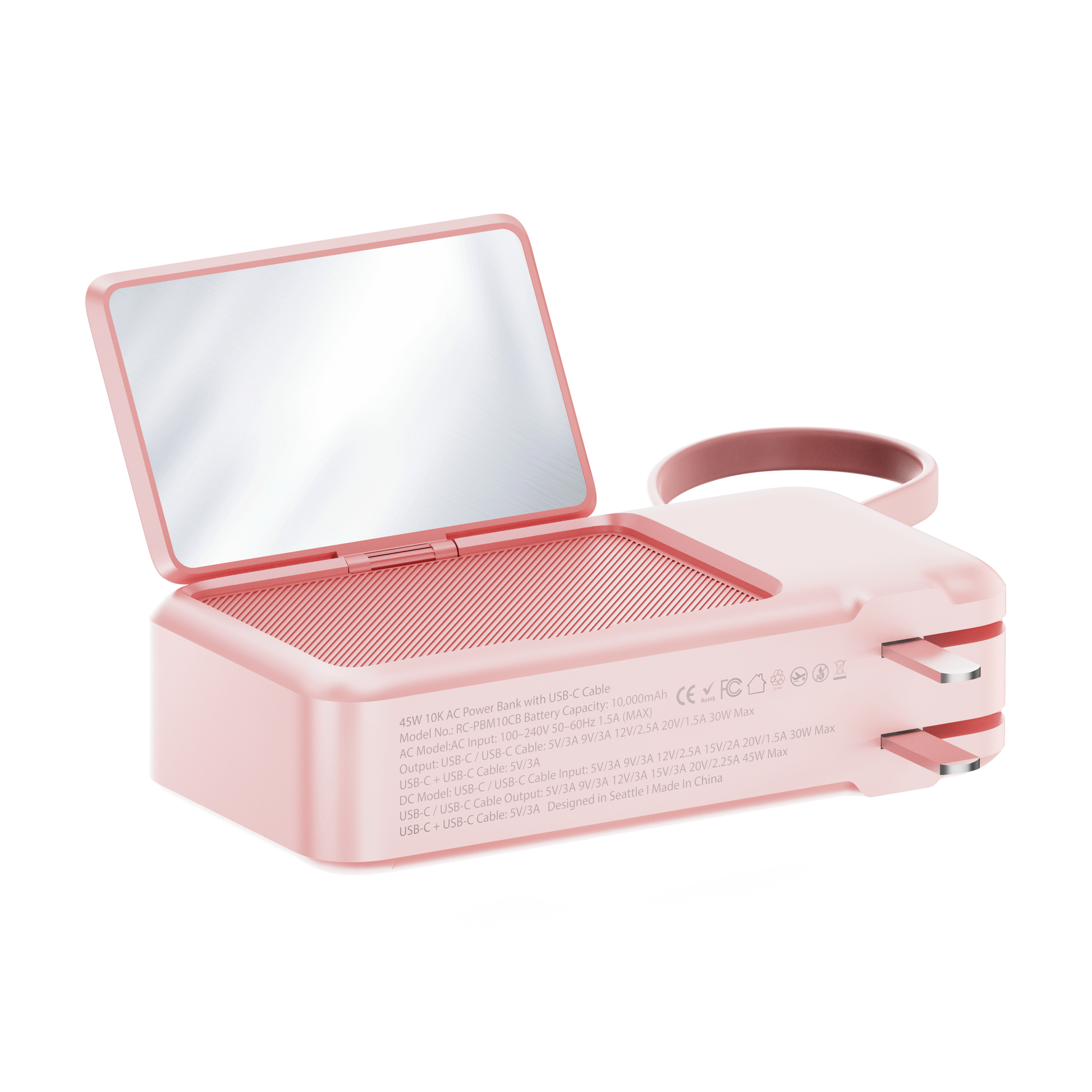 ReelCharge ReFlextion 10,000 mAh power bank in pink with the folding mirror open and USB-C wristlet cable coiled