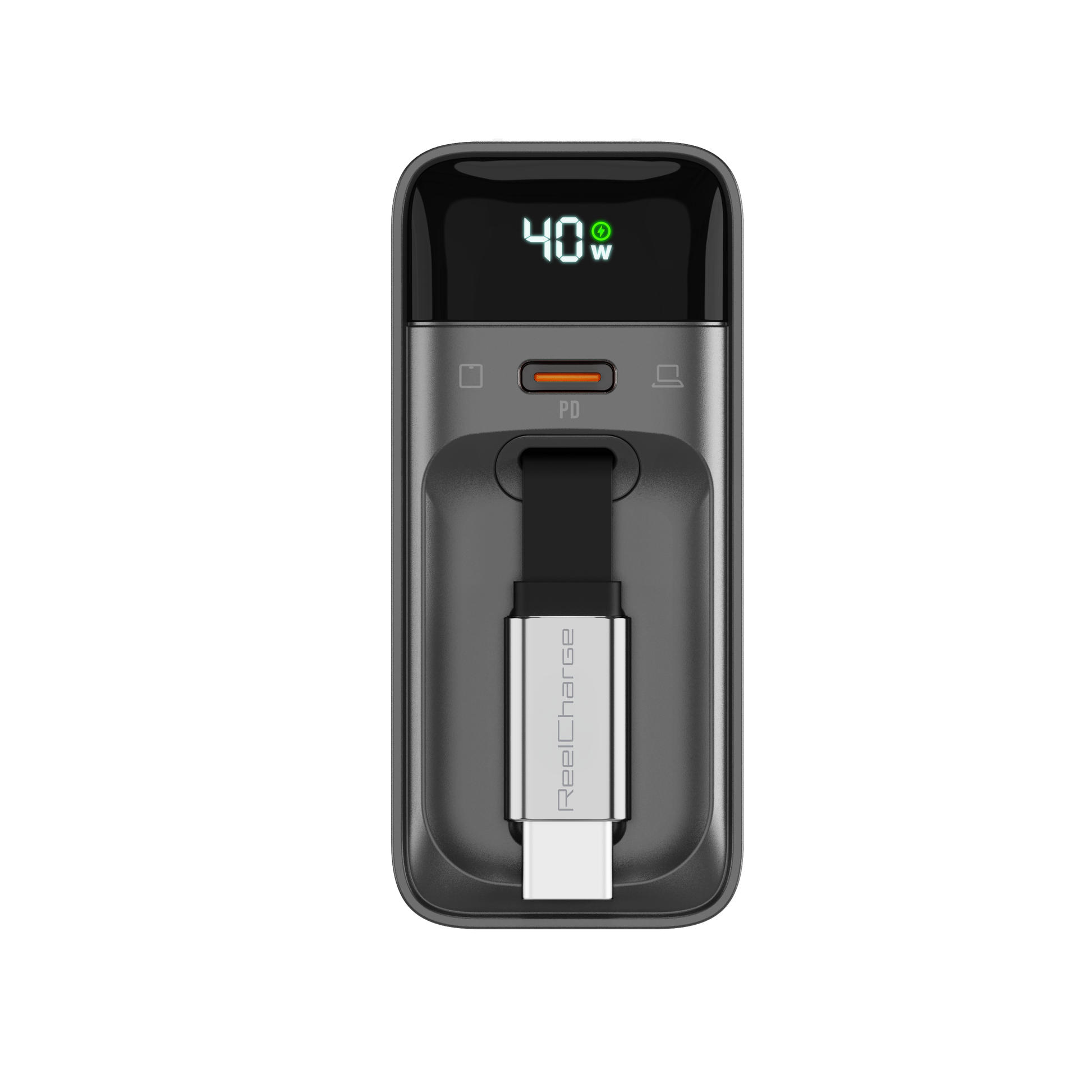 Front view of the black 40W ReelCharge wall charger with the display reading 40W