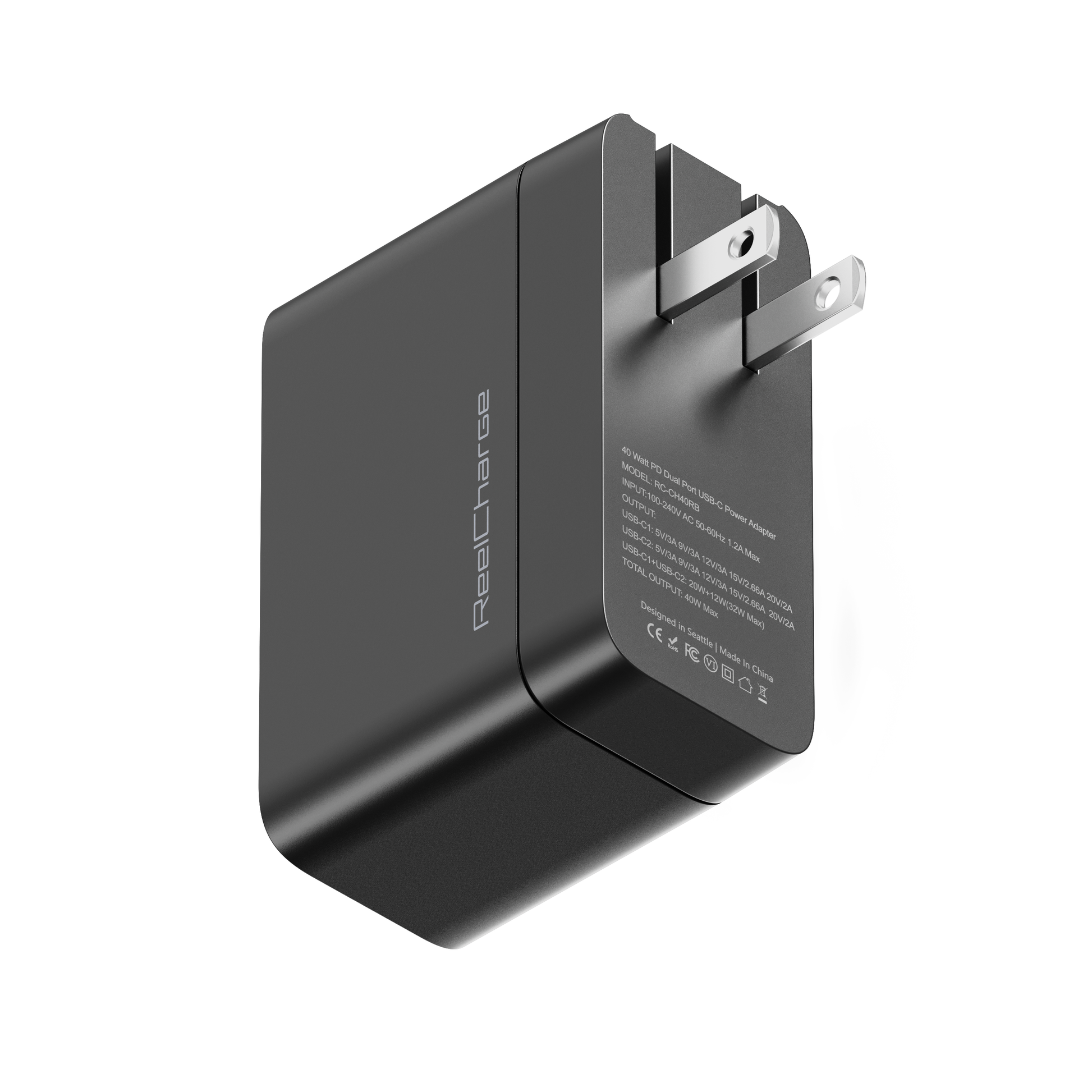 Rear view of the black ReelCharge 40W wall charger with folding wall prongs extended