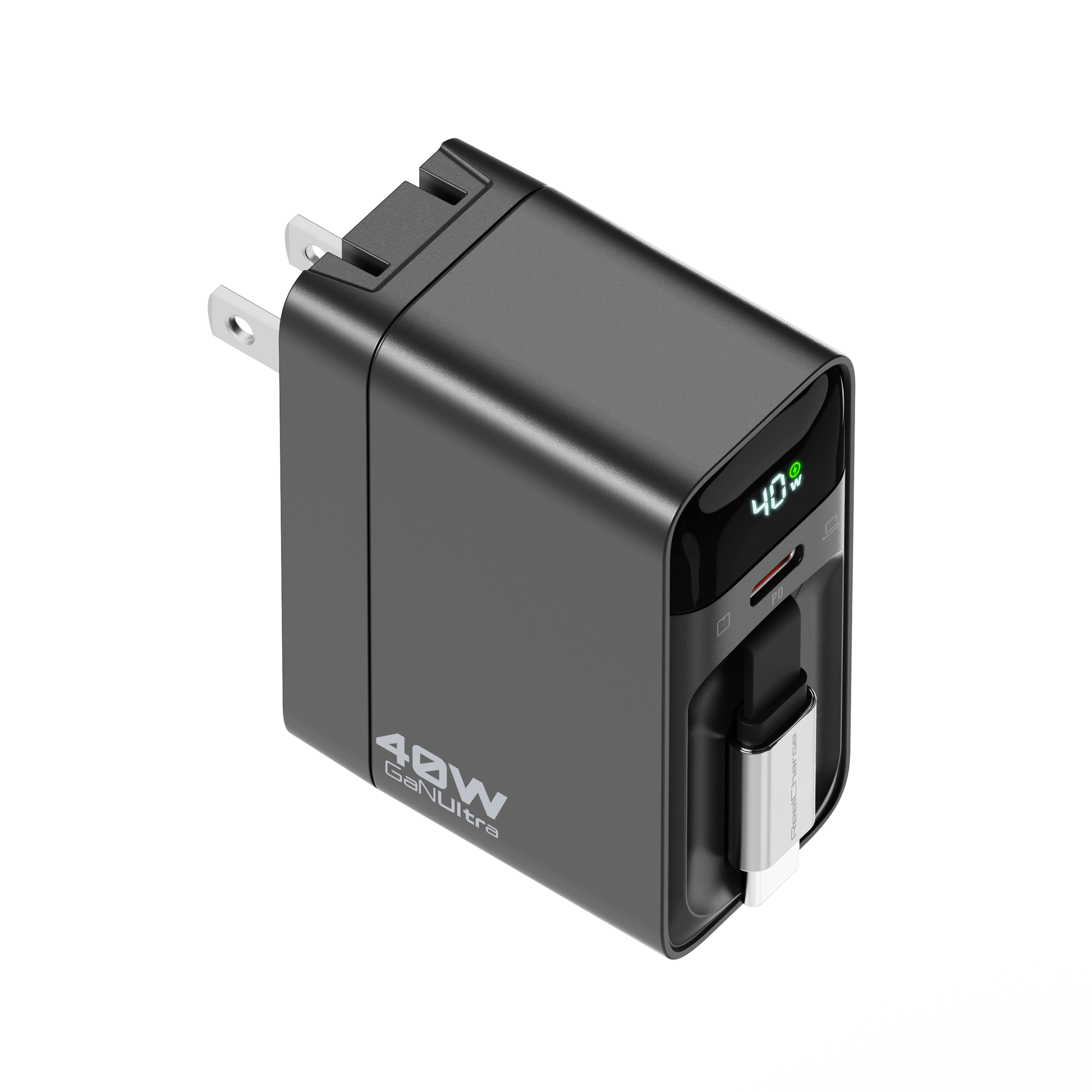Angled view of the black ReelCharge 40W 2-in-1 wall charger with retractable cable and wattage display