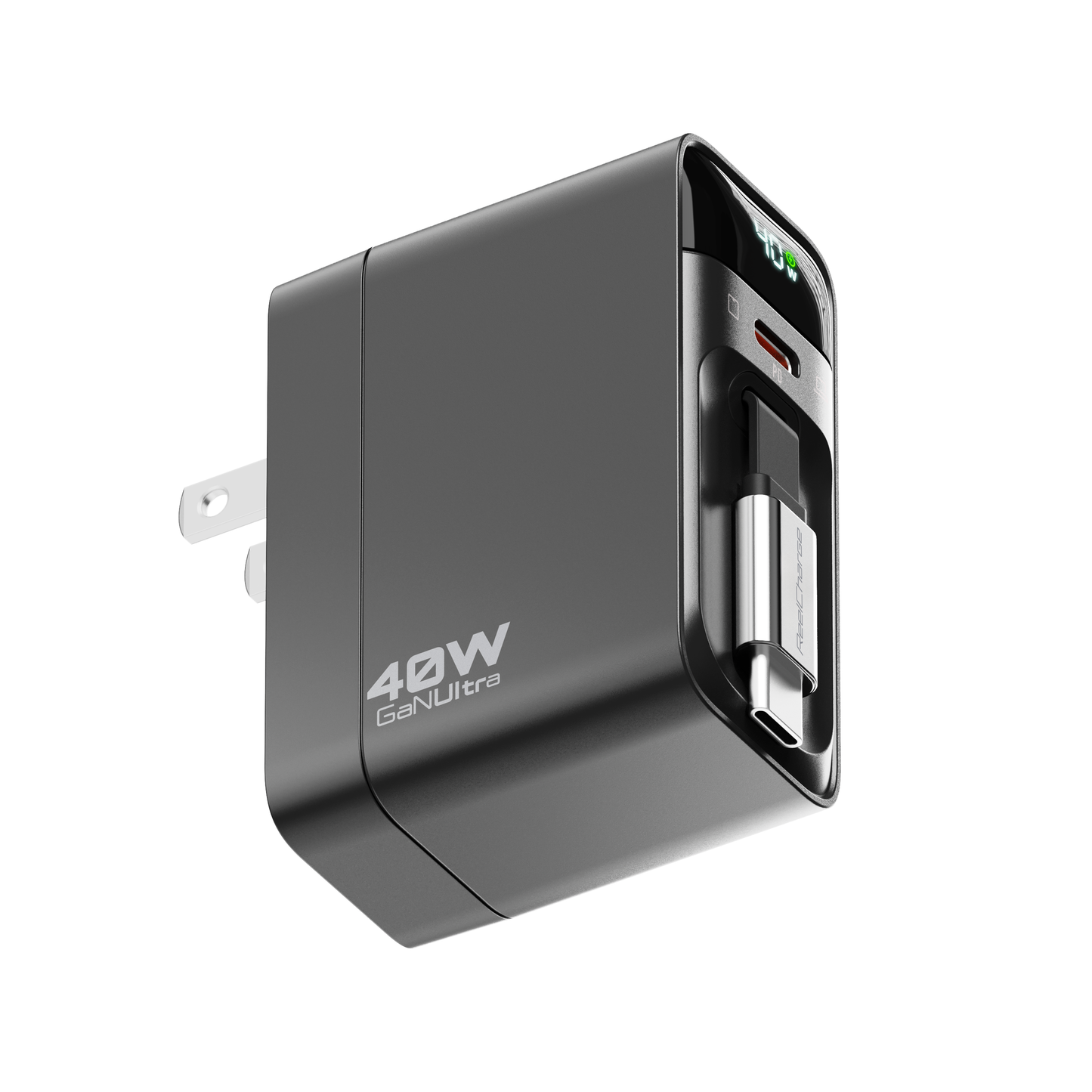 Black ReelCharge 40W GaN wall charger showing the retractable USB-C cable bay and second port