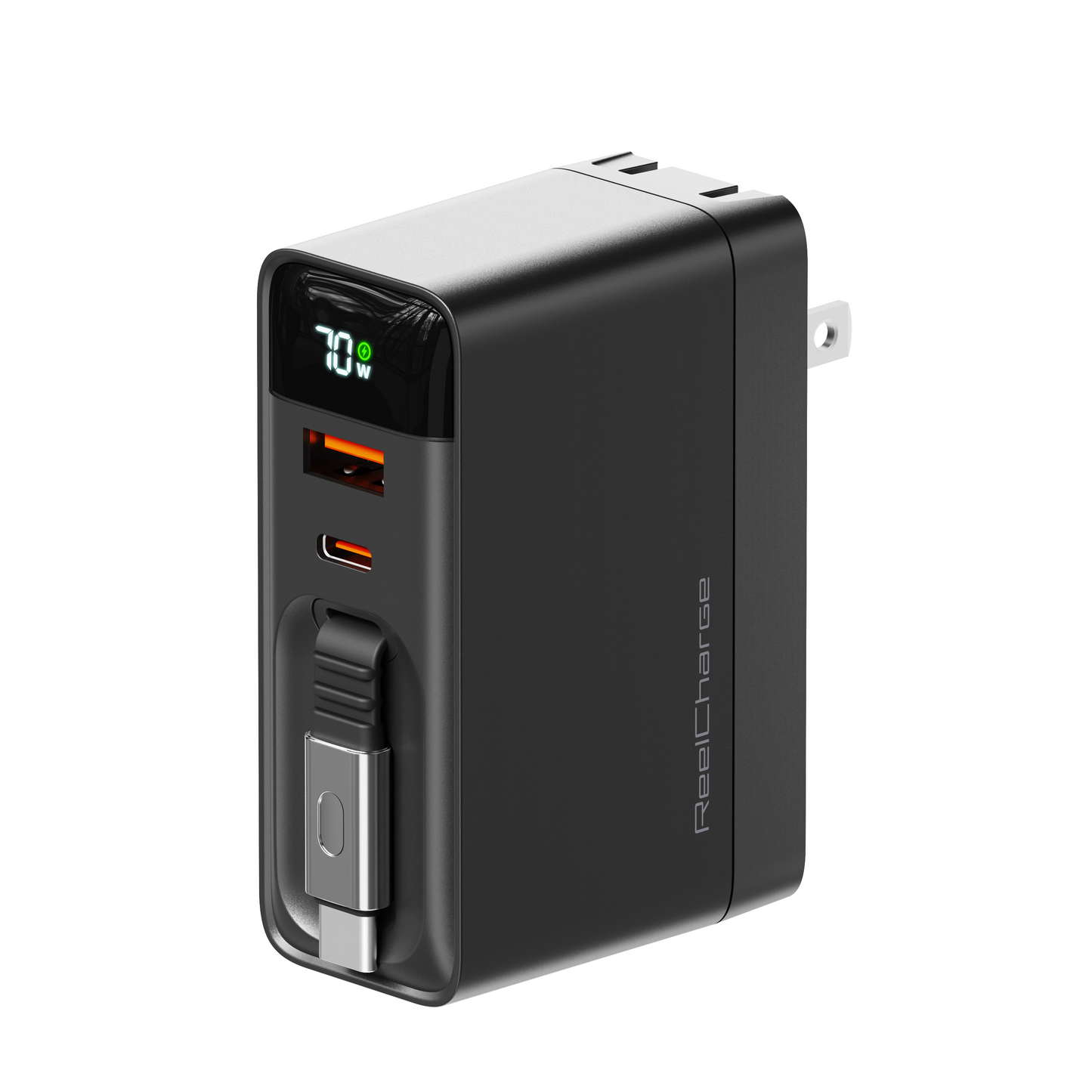 ReelCharge 3-in-1 70W wall charger in black with wattage display, USB-A and USB-C ports and retractable cable