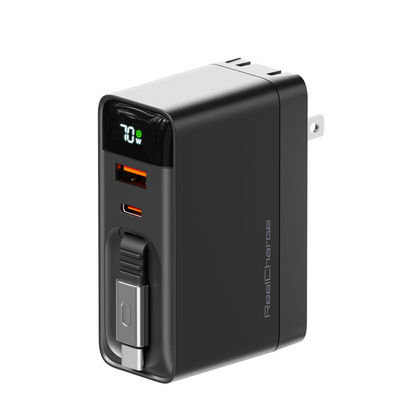 ReelCharge 3-in-1 70W wall charger in black with wattage display, USB-A and USB-C ports and retractable cable