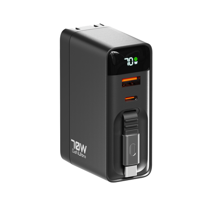 Angled view of the black ReelCharge 70W GaN Ultra wall charger with the display lit