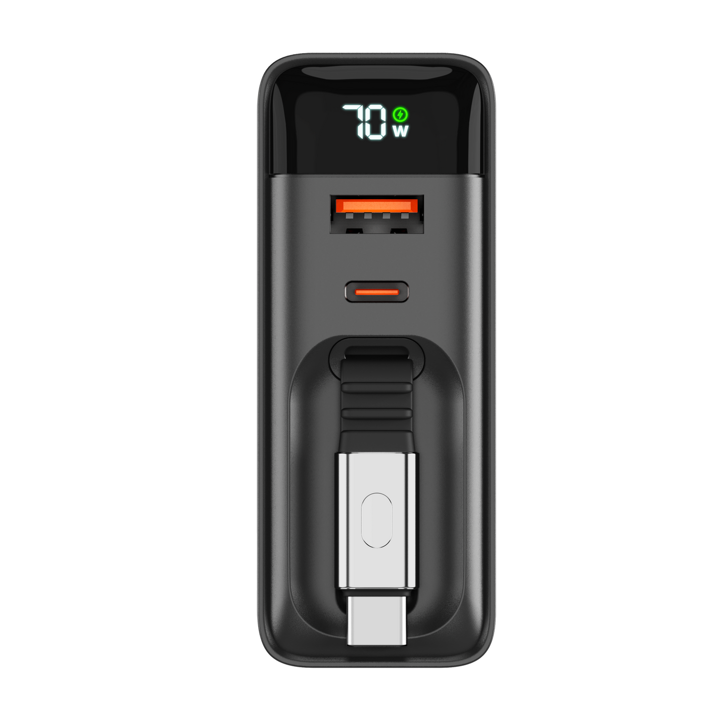 Straight-on view of the black ReelCharge 70W wall charger showing the retractable USB-C cable