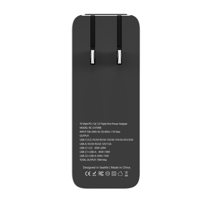 Rear view of the black ReelCharge 70W wall charger showing folding prongs and the specification label