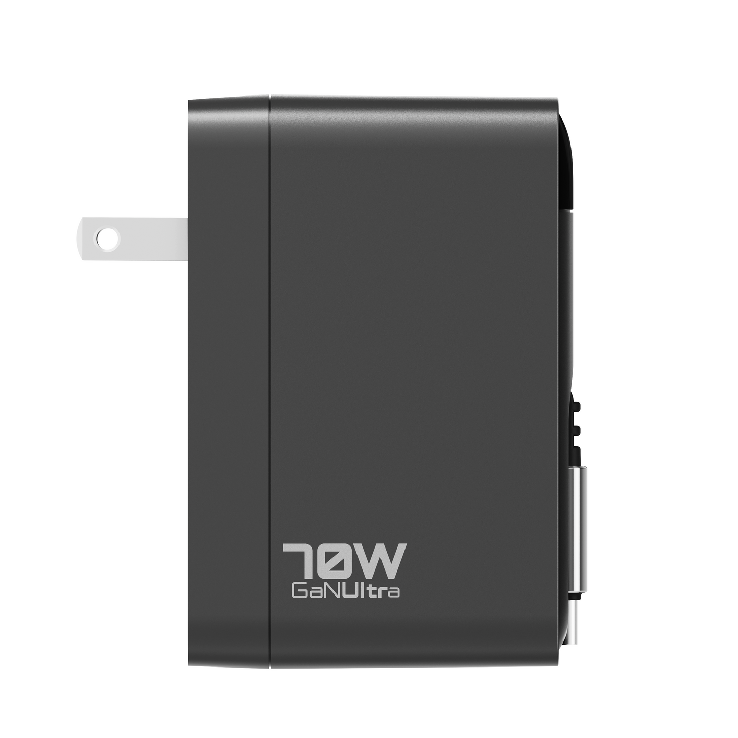 Side view of the black ReelCharge 70W GaN Ultra wall charger