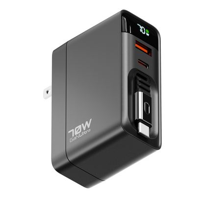 Angled view of the black 70W wall charger showing all three ports and the retractable cable bay