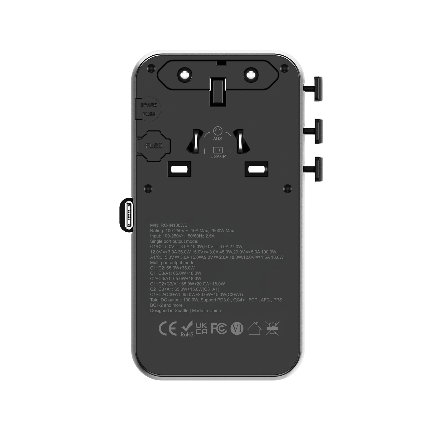 Flat rear view of the ReelCharge 100W travel adapter showing the specification label and prong sliders