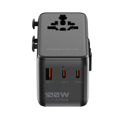 Front view of the ReelCharge 100W global travel charger with universal socket and 100W GaN Ultra branding