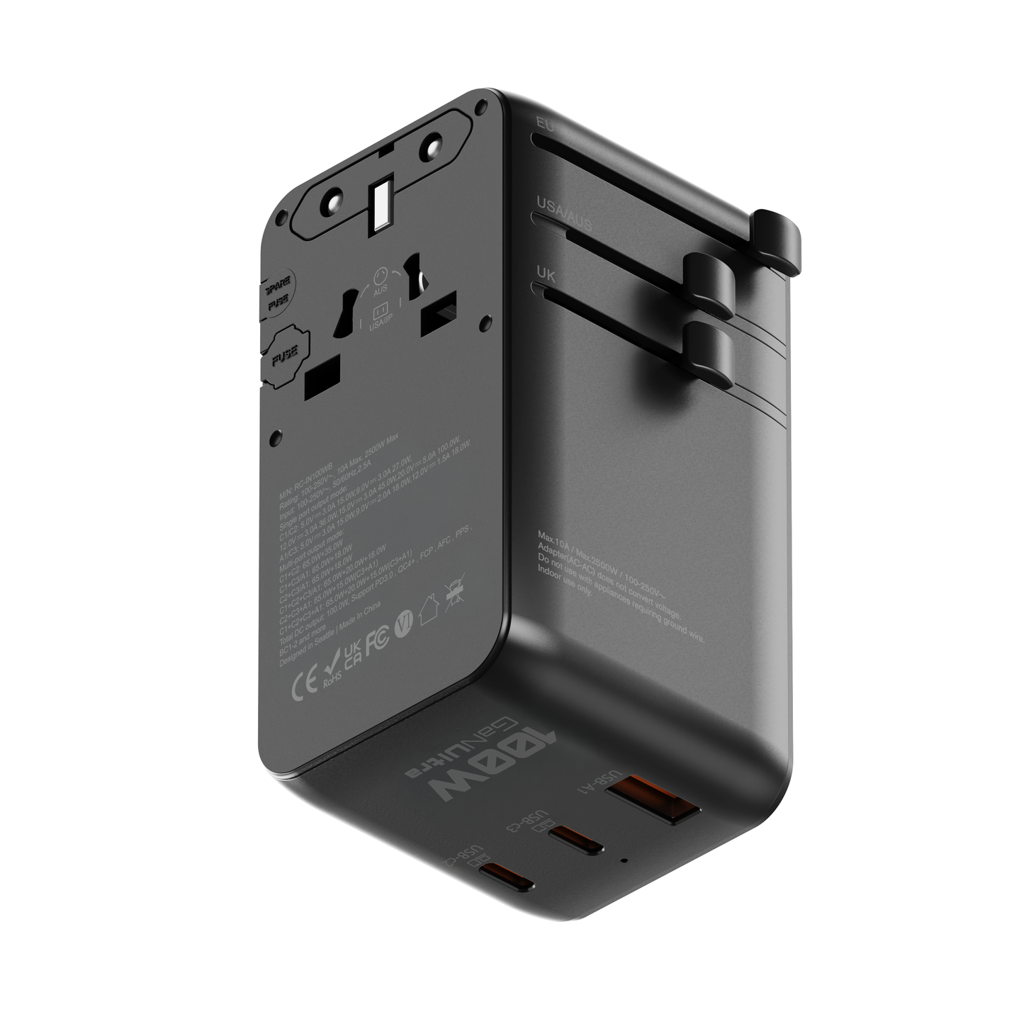 ReelCharge 100W global travel charger in black showing the universal socket, USB ports and sliding prongs