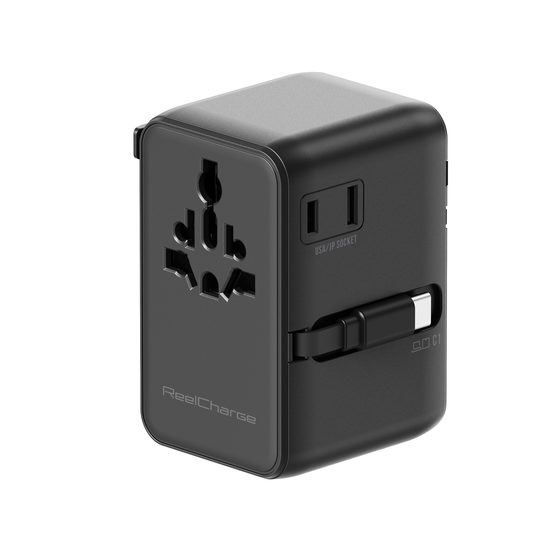 Angled view of the black ReelCharge 70W international travel charger with the retractable cable