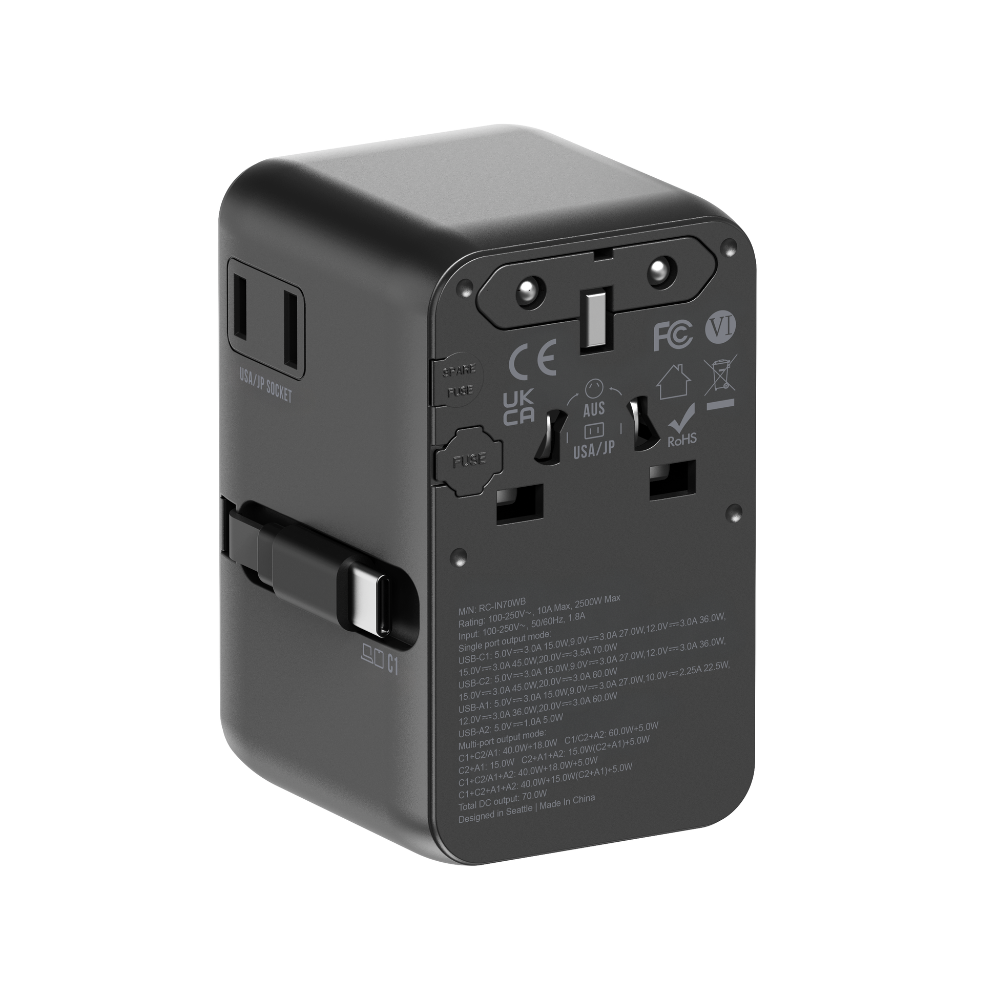 ReelCharge 70W travel charger angled to show the specification label and safety certifications