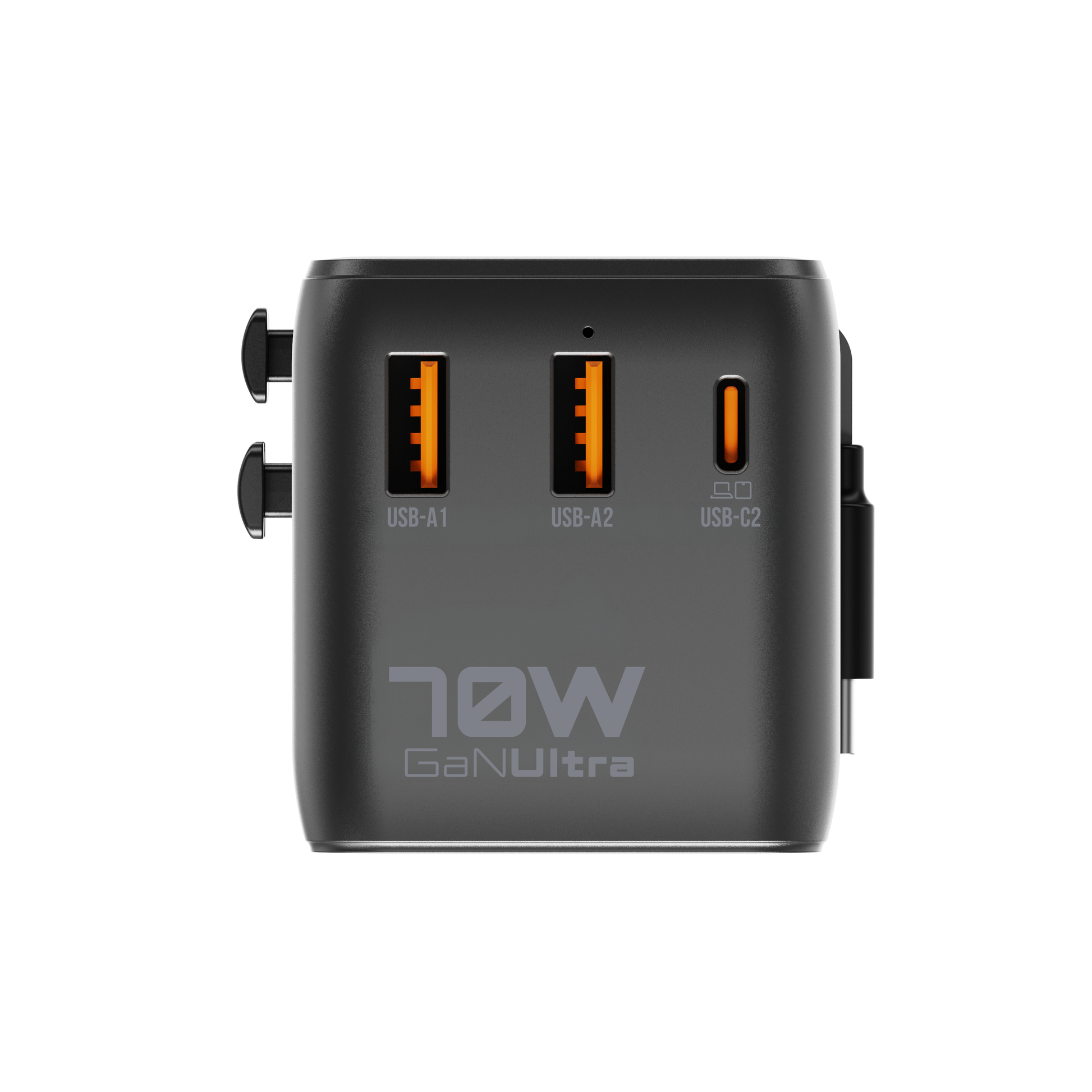 Front view of the ReelCharge 70W travel charger showing ports labeled USB-A1, USB-A2 and USB-C2